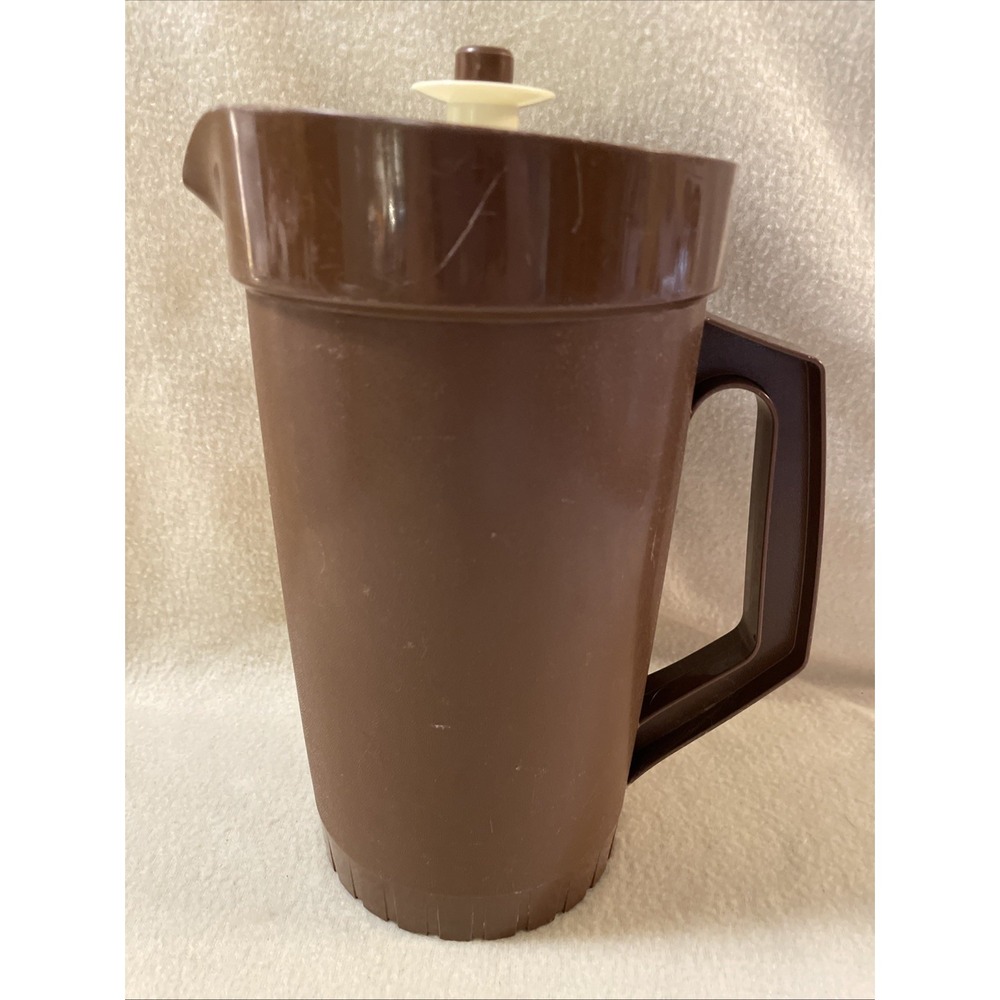 Vintage Brown Tupperware Large Pitcher #800-10 with Push Button Lid #802-12